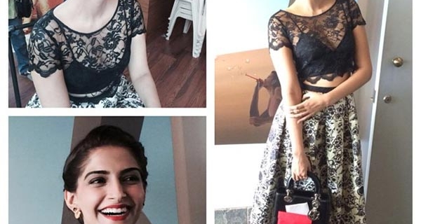 Sonam Kapoor in Sonam Kalra Ahuja Outfit and plaid bun for Khoobsurat promotions!